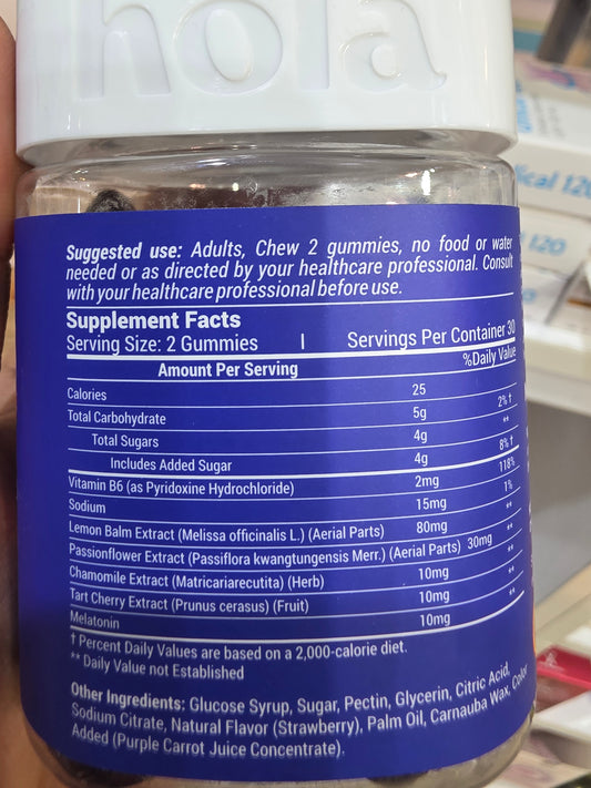 يحتوي ايزي سليب من هولا
Hola® Easy Sleep Gummies
على مزيج قوي من ستة عناصر غذائية نشطة تخلق تأثيرا مهدئا، مما يؤدي إلى أنماط نوم أسرع وأطول وأعمق.