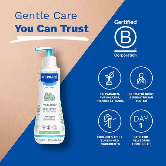 ترطيب يومي لطيف يحافظ على نعومة بشرة الطفل مع لوشن الجسم من موستيلا Mustela. 
تركيبة خفيفة وسريعة الامتصاص تغذي البشرة وتحميها من الجفاف منذ اليوم الأول.