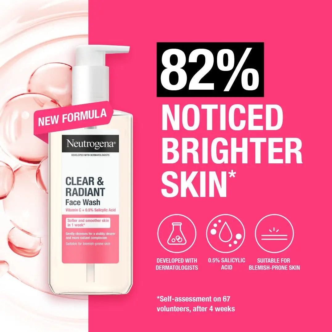 كلير اند ريدينت فيس ووش من نيتروجينا 
Clear & Radiant Face Wash
• غسول يومي لتنظيف البشرة وتنقيتها بلطف
• يحتوي على فيتامين C و0.5% ساليسيليك أسيد