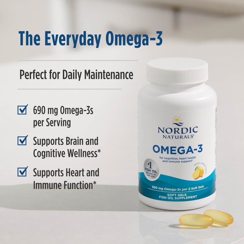 Nordic Naturals Omega-3 690mg 60 Soft Gels

مكمل أوميغا 3 من نوردك نجرالز الامريكية 🇺🇲...
يحتوي على EPA وDHA لدعم صحة القلب والدماغ والمفاصل مع امتصاص جيد بصيغة الدهون الثلاثية الطبيعية.